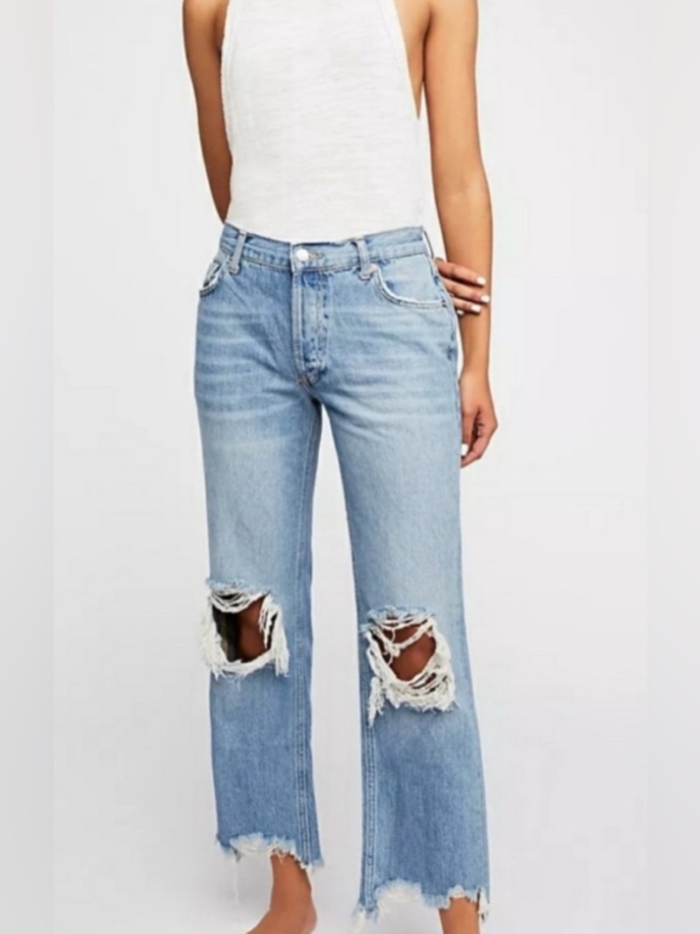 Free People Light Blue Distressed High-Rise Straight Jeans Size 25